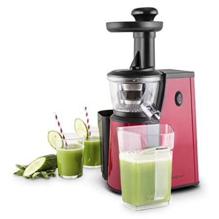 oneConcept Jimmie Andrews – spremiagrumi verticale, slow juicer, 400 W, 60-80 giri/min, procedimento a pressatura lenta, raccoglitore, silenzioso, chiusura di sicurezza, smontabile, rosso