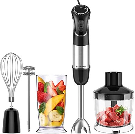 Bonsenkitchen Frullatore ad Immersione , Frullatore Frusta Acciaio Inossidabile 5 in 1 con 12 velocità regolabili, tritatutto da 500 ml, misurino da 600 ml, frusta, montalatte