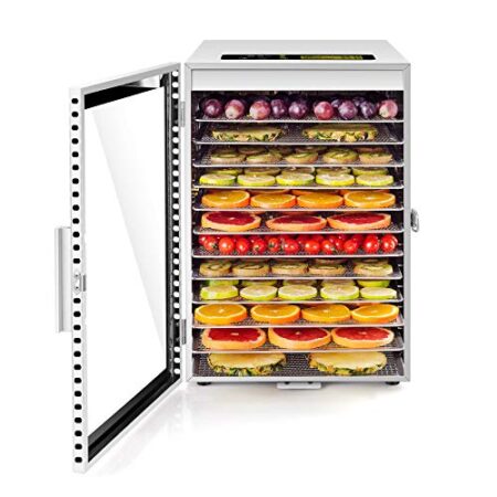Essiccatore Alimentare Acciaio Inox • Doppia ventola di asciugatura efficiente a 360° • 12 Vassi • 67 Ricette • 24 ore timer • Temperatura regolabile 20-90°C, per Funghi, Carne, Frutta e Verdura