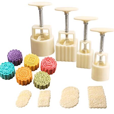 Stampo Mooncake, DENUOTOP 4 Confezioni Stampo a Pressione Manuale con 12 Motivi Stampo Fiore Stampo da Forno per Cucina da Festival Torta Fai da te Dessert Pasticcini Biscotti Decorazione